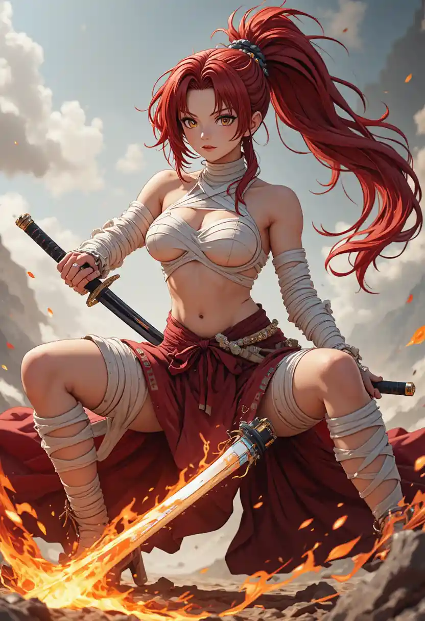 Anime warrior woman in low angle flaming battle stance