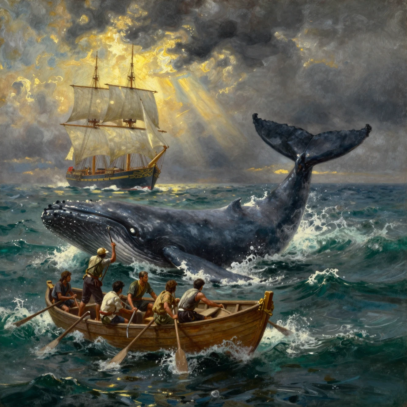 Whaleboat sailors closing in on a breaching giant whale