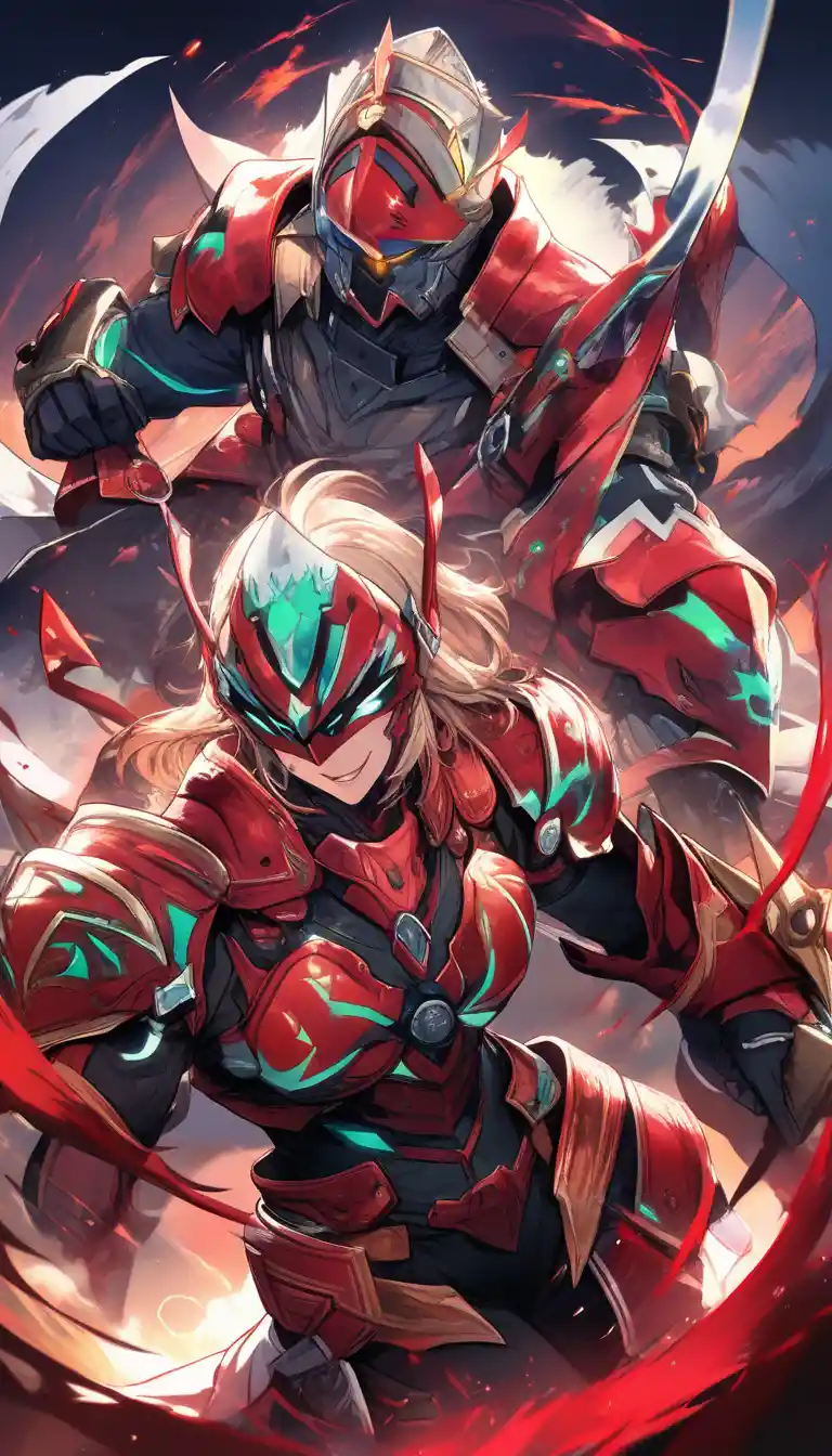 Armored male knight singing in a forest with twin axes