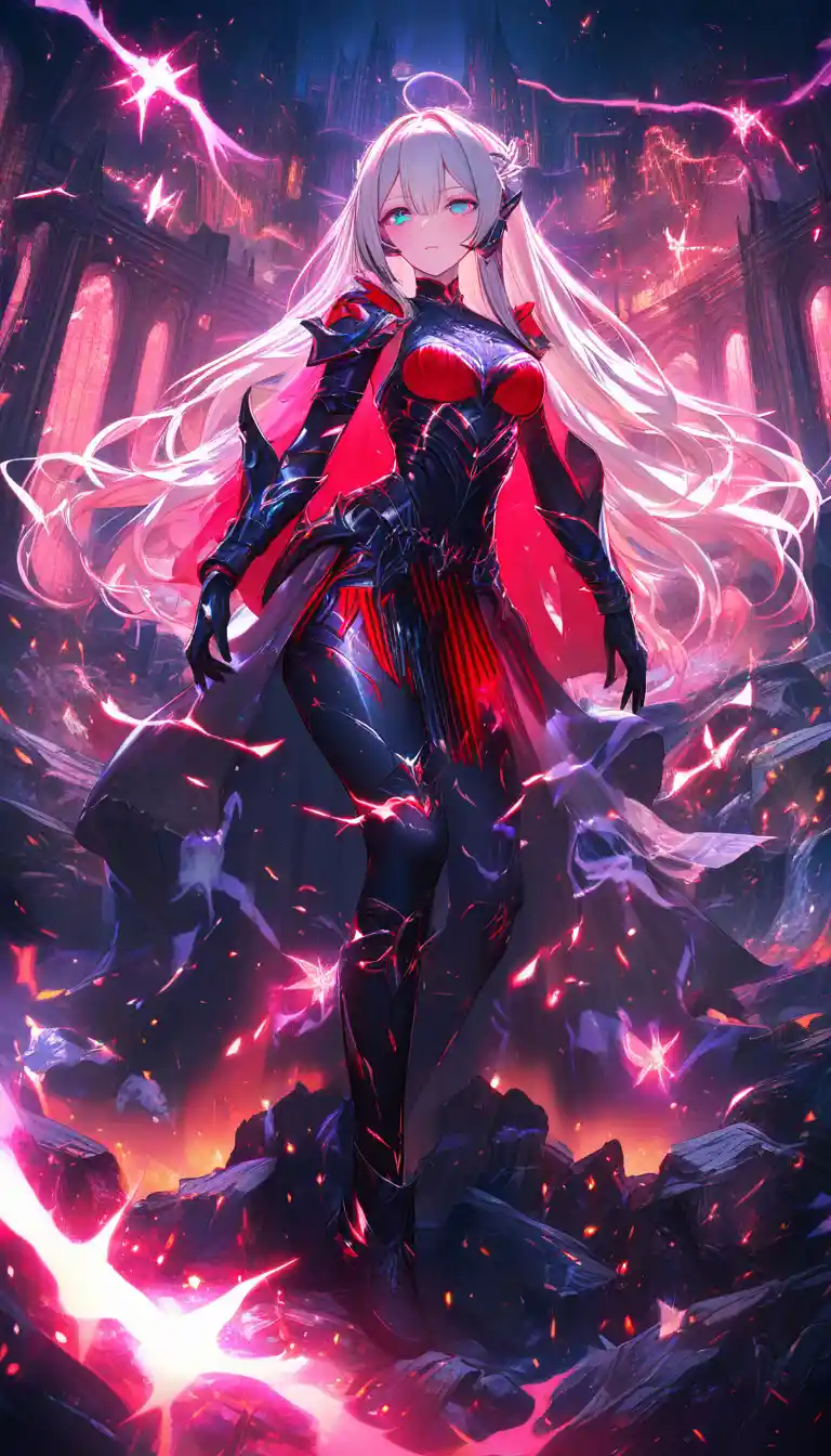Battle weary elf sorceress in a dim imperial great hall