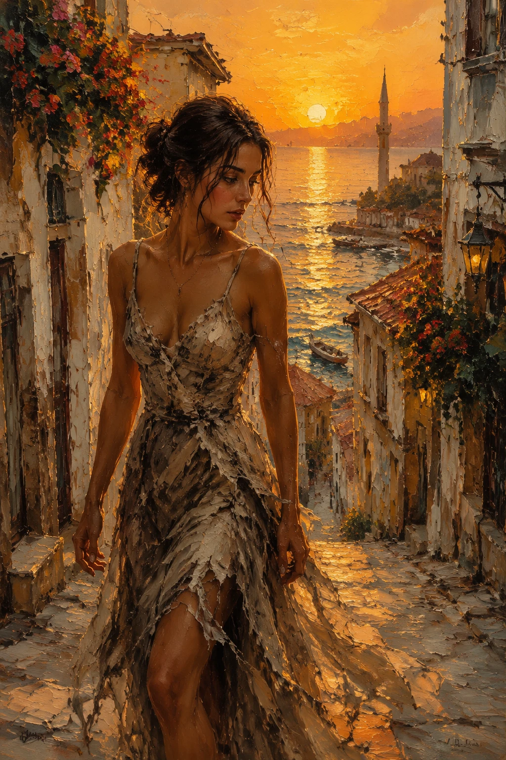 Young woman in tattered gown on Turkish seaside street