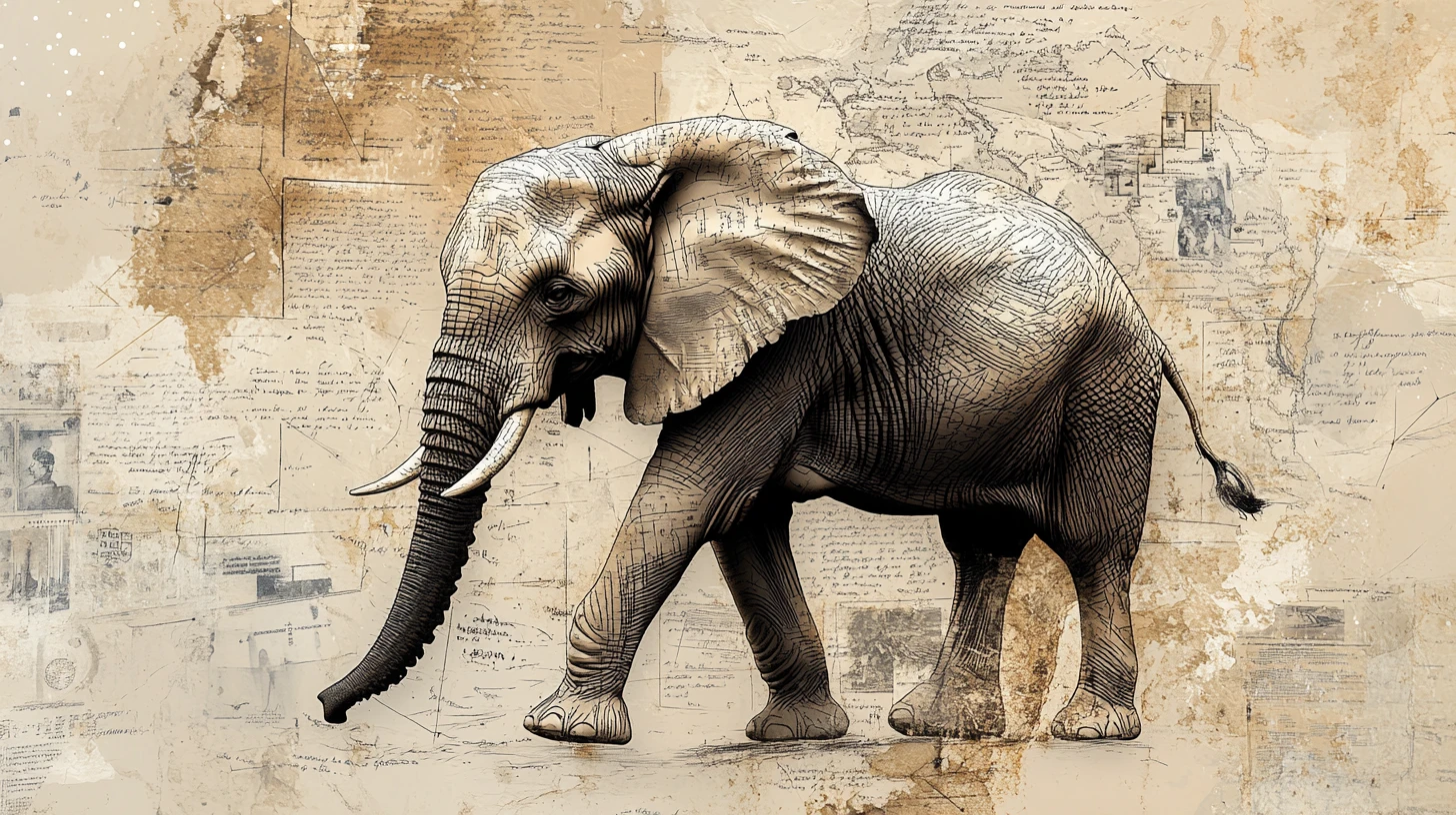 Ancient Elephant Walking Through A Surreal Abstract Landscape