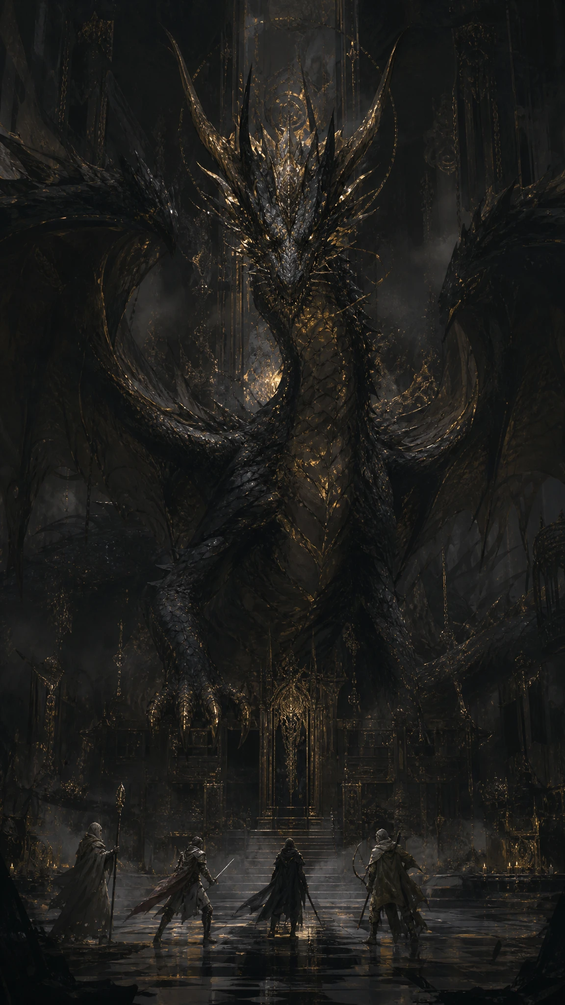 Black and gold dragon towering above wary adventurers