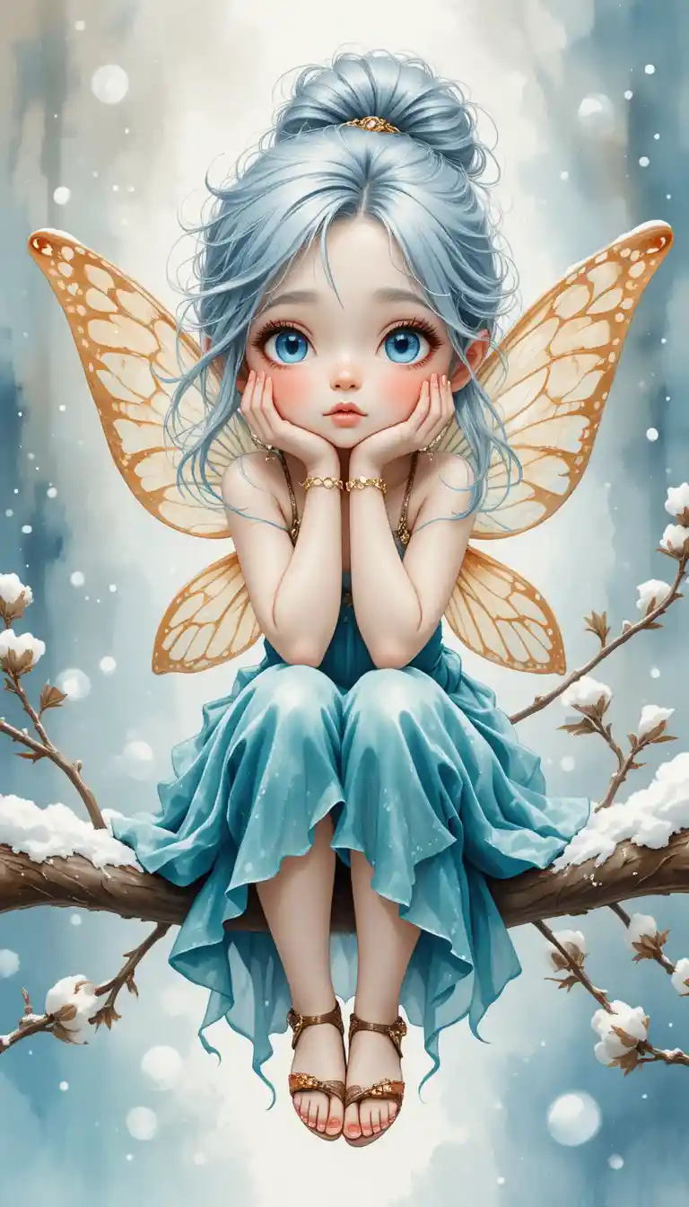 Dreamy winter fairy girl on a snowy tree branch