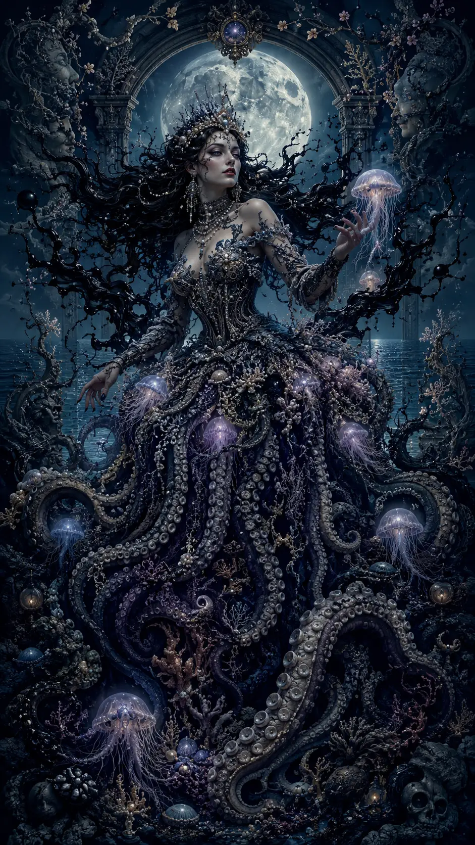 Hechicera inmortal del océano con un vestido de tinta y coral