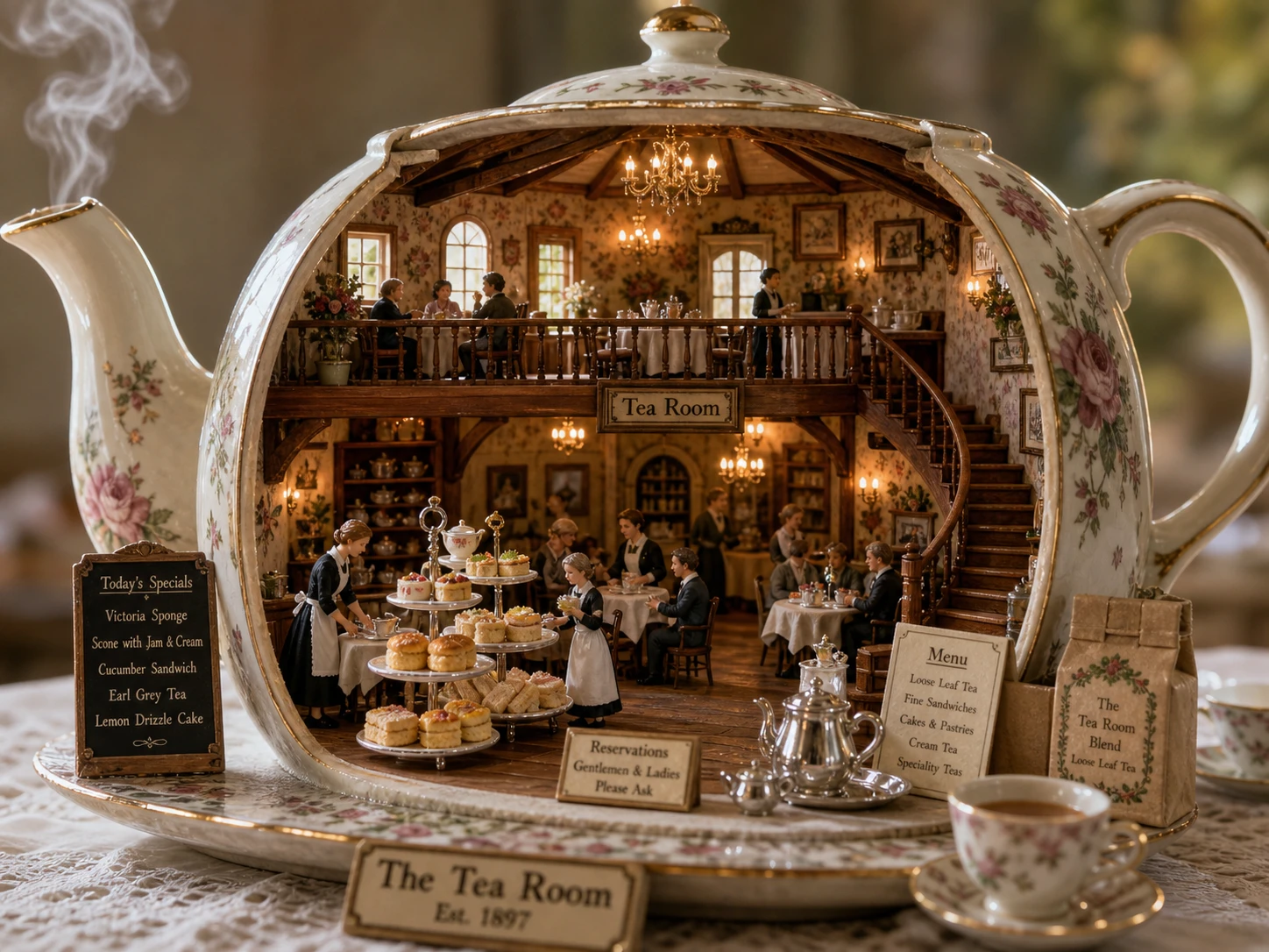 Miniature British tea room inside a vintage porcelain teapot