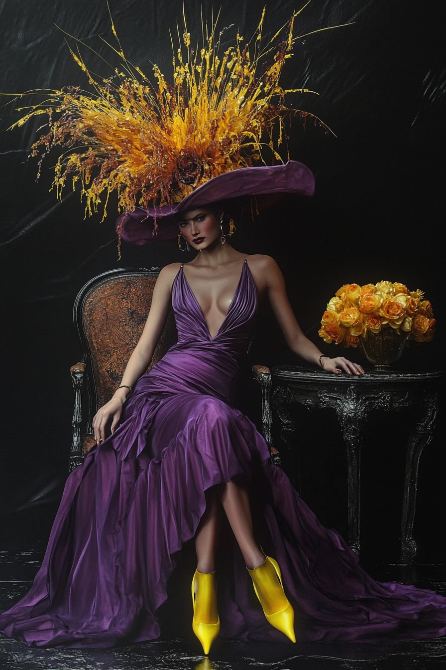 Femme élégante en robe violette assise sur fond noir