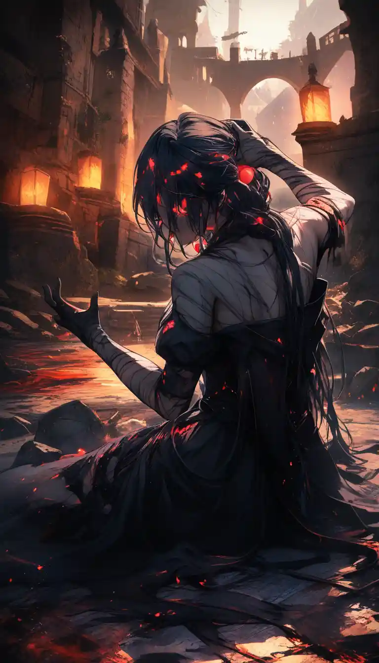 Scarred warrior woman in torn armor against medieval stone walls
