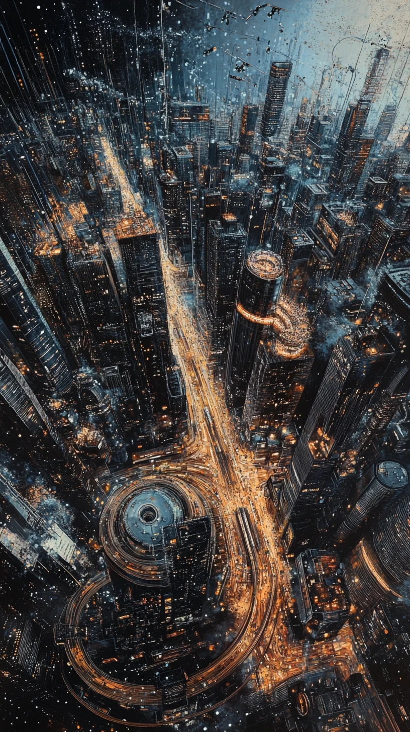Surreal city skyline merging into a flowing orchestra