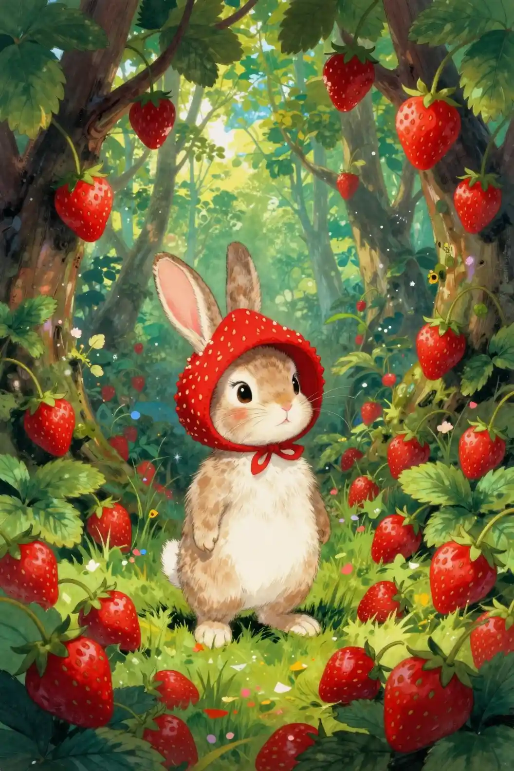 Playful rabbit in strawberry hat in a bright forest