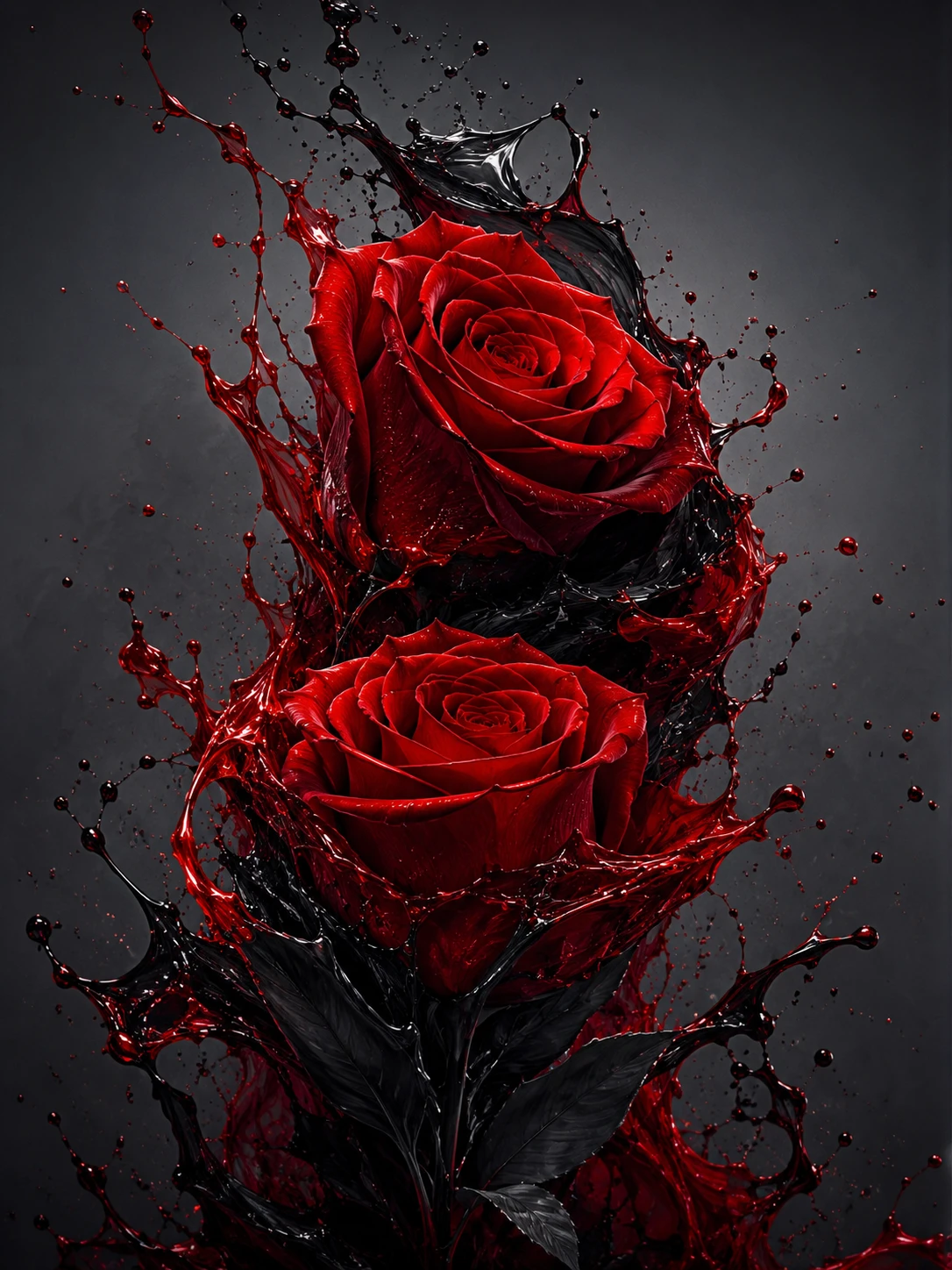 Surreal red roses rising through dark flowing liquid