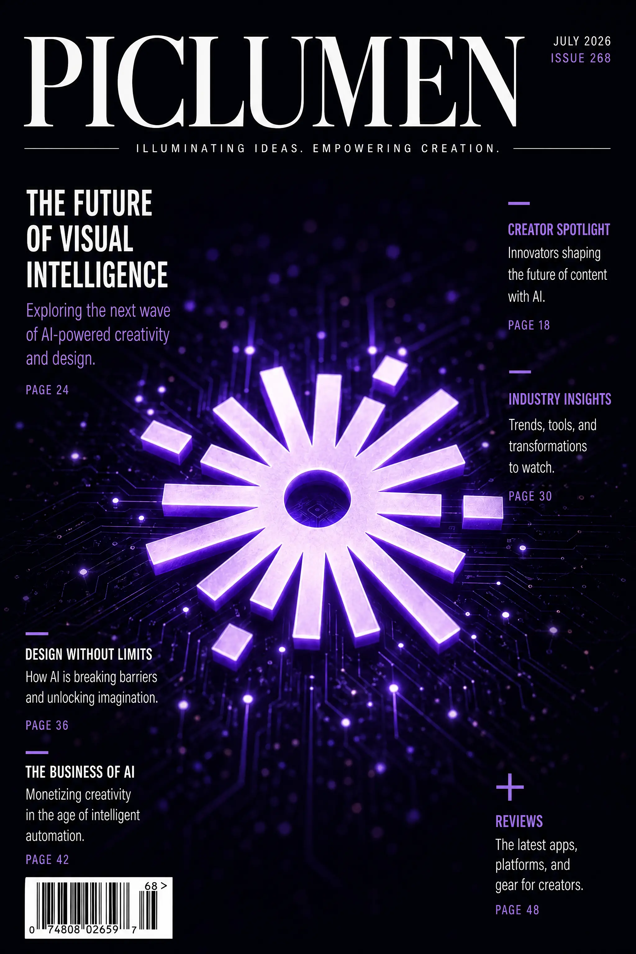 High tech glowing logo on modern magazine cover layout