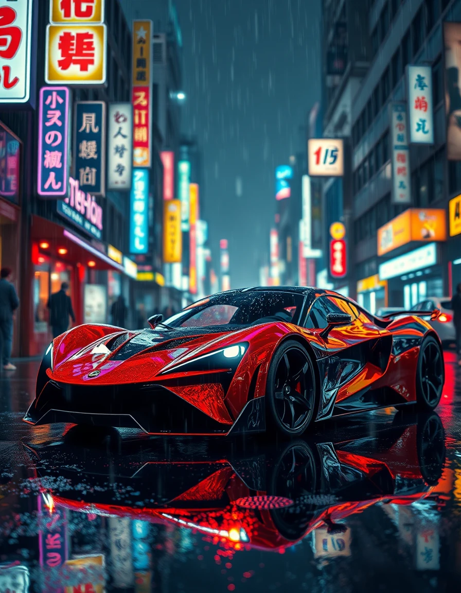 Futuristic sports car in neon lit Tokyo street rain