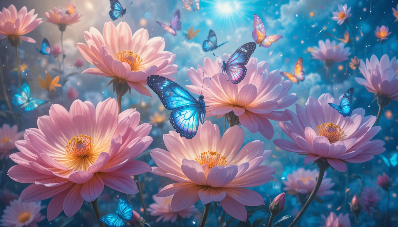 Dreamlike Butterflies Resting On Luminous Oversized Flowers