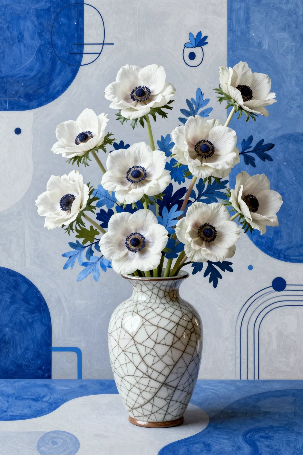 Kintsugi vase with white flowers in surreal abstract collage