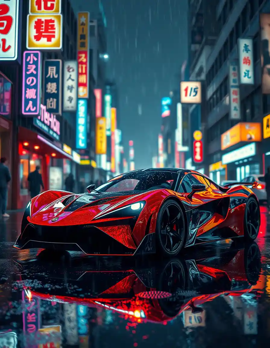 Futuristic sports car in neon lit Tokyo street rain