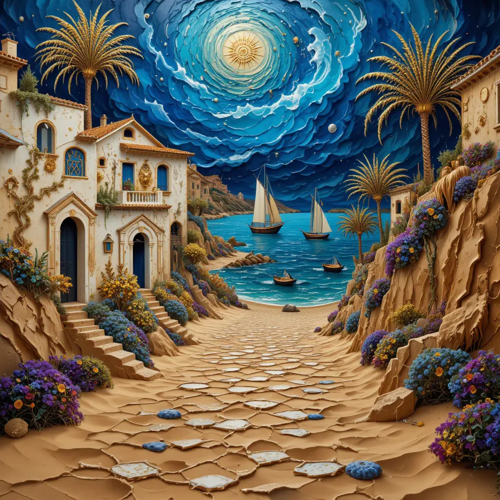 Surreal Mediterranean alley of waxen sand leading to the sea