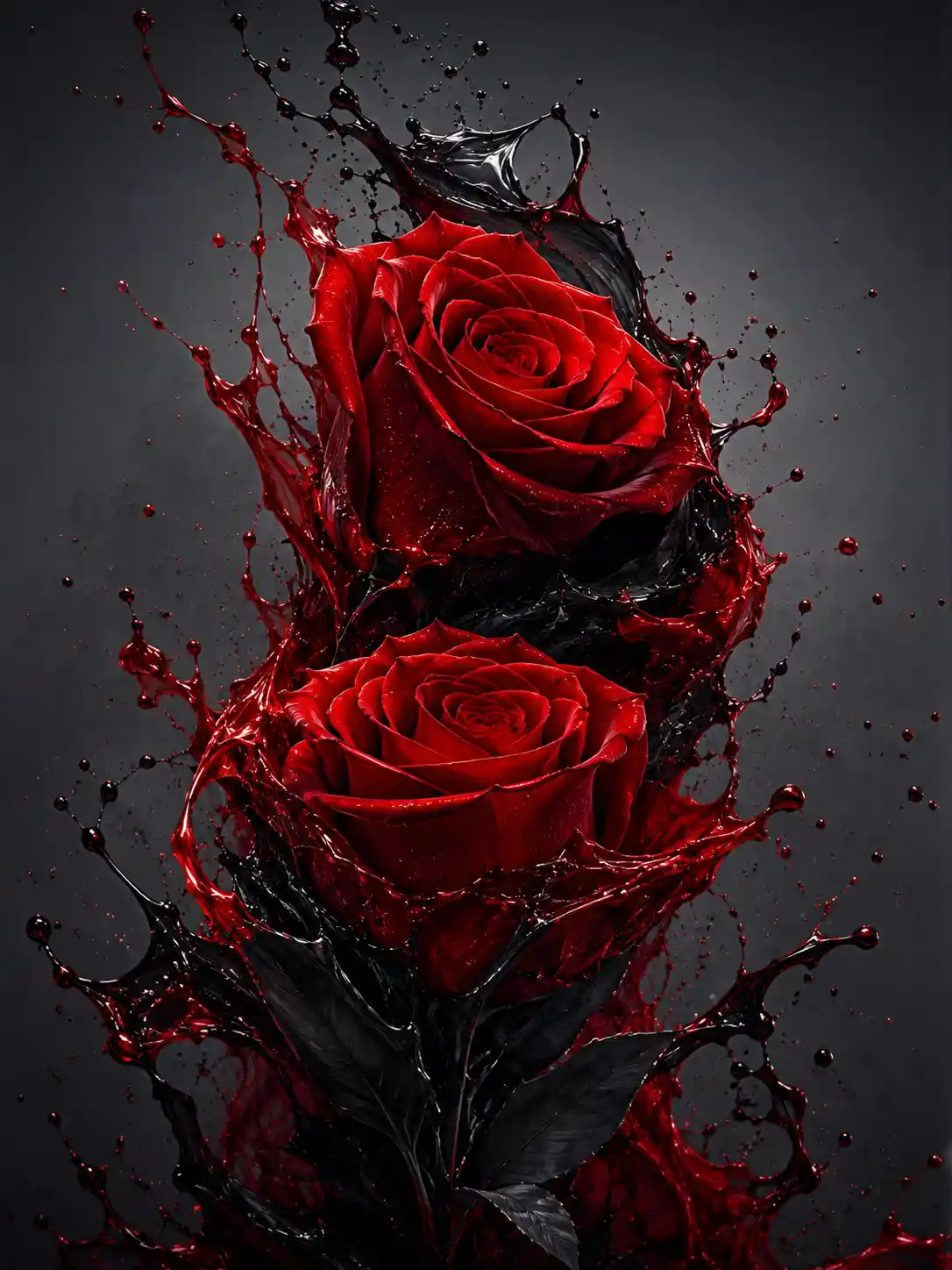 Surreal red roses rising through dark flowing liquid