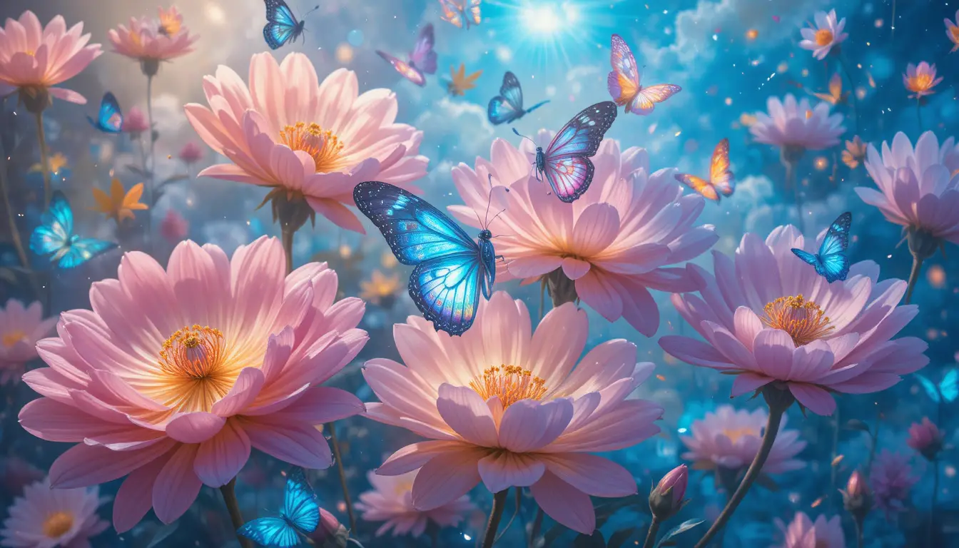 Dreamlike Butterflies Resting On Luminous Oversized Flowers