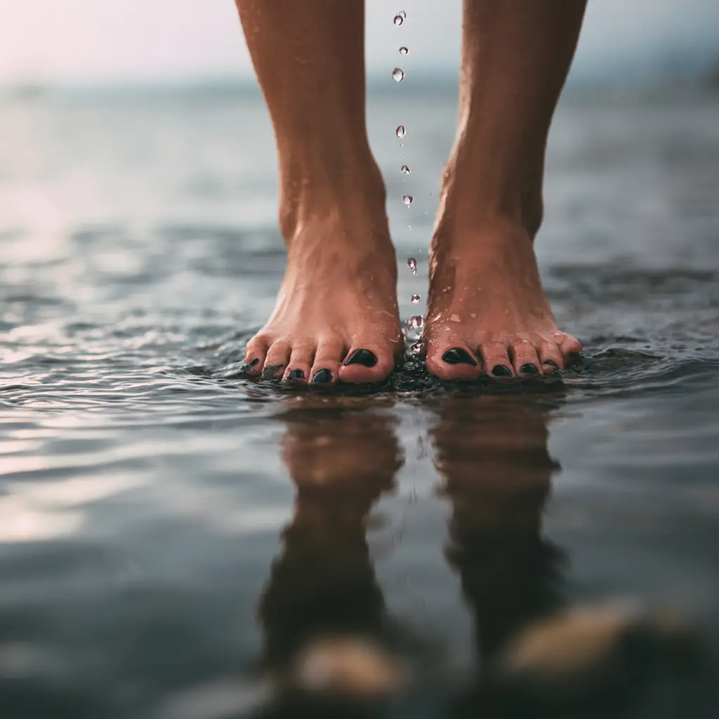 Froschperspektive unter den bloßen Füßen einer Frau im Wasser