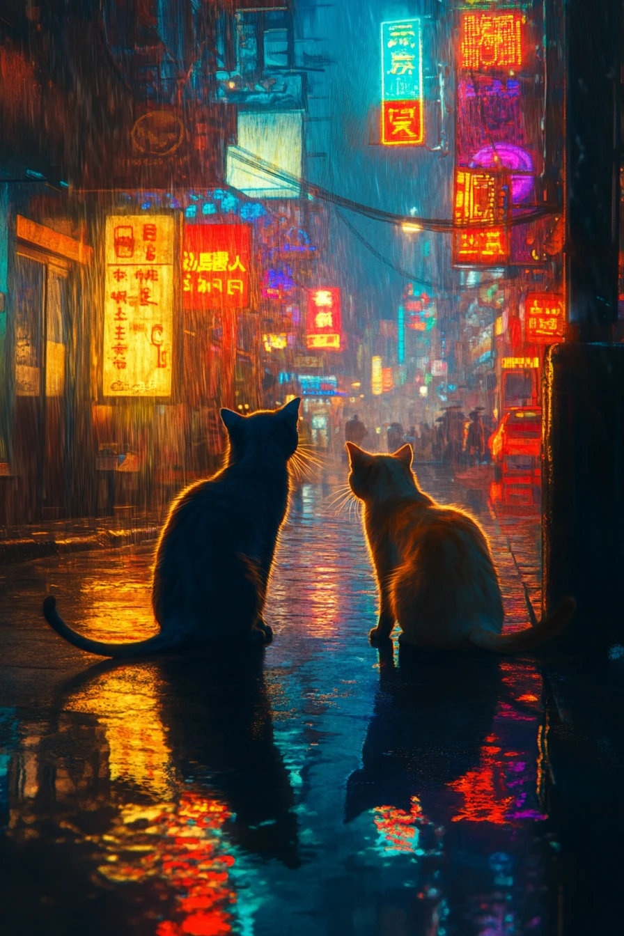 Two cats walking through a neon lit rainy city street