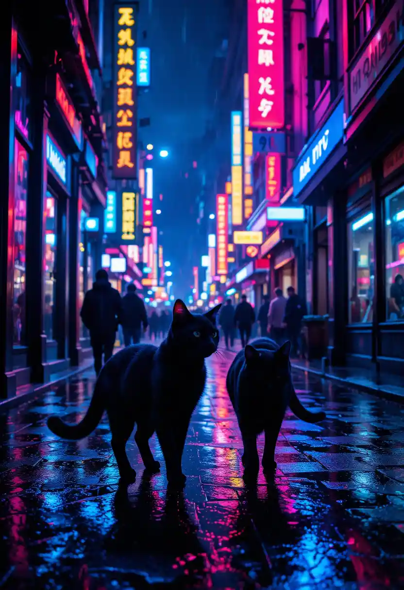 Two cats exploring a neon lit rainy city street at night