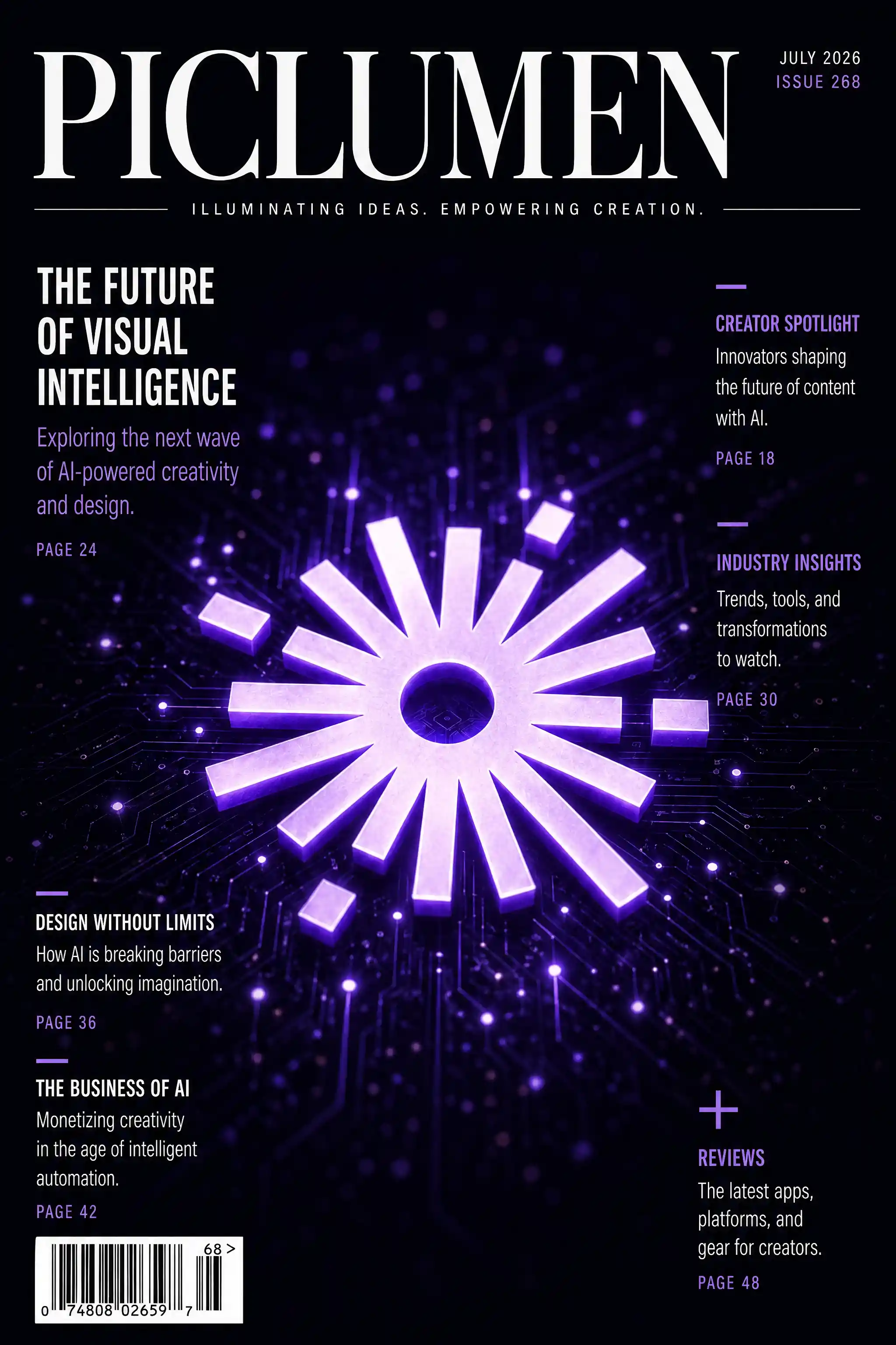 High tech glowing logo on modern magazine cover layout