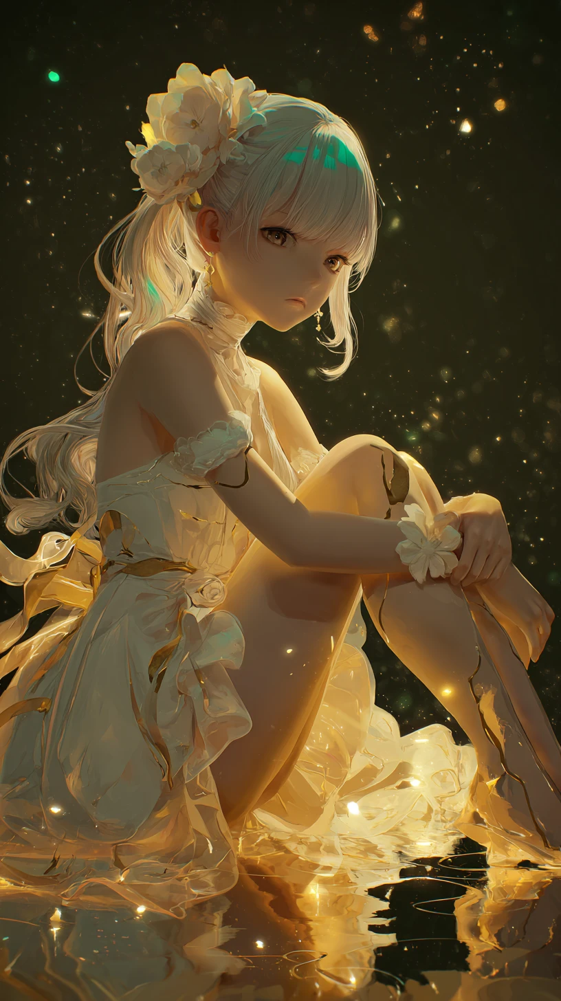 Chica de Anime Soñadora con Tatuajes Florales Brillantes