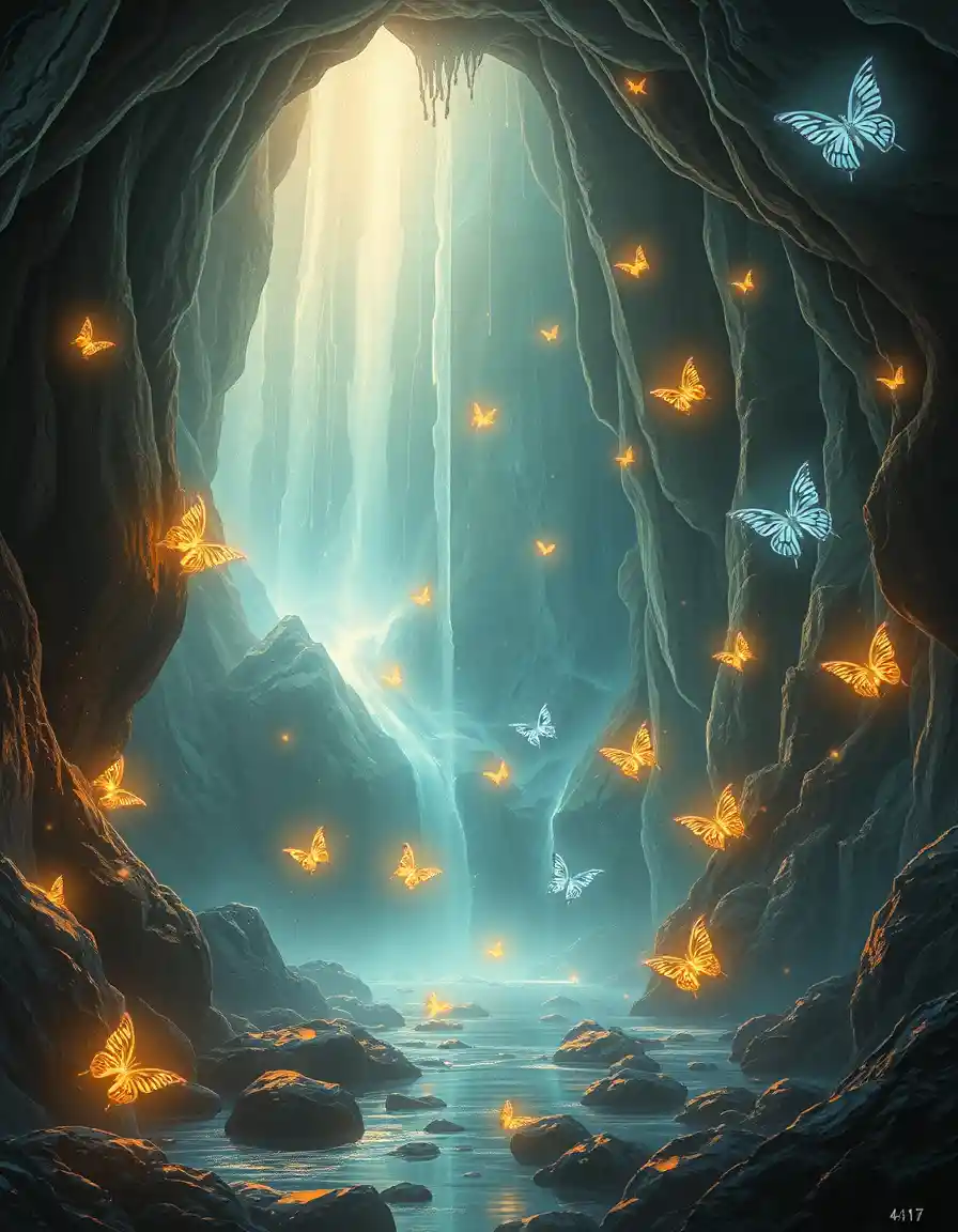 Hidden crystal cave waterfall with glowing butterflies