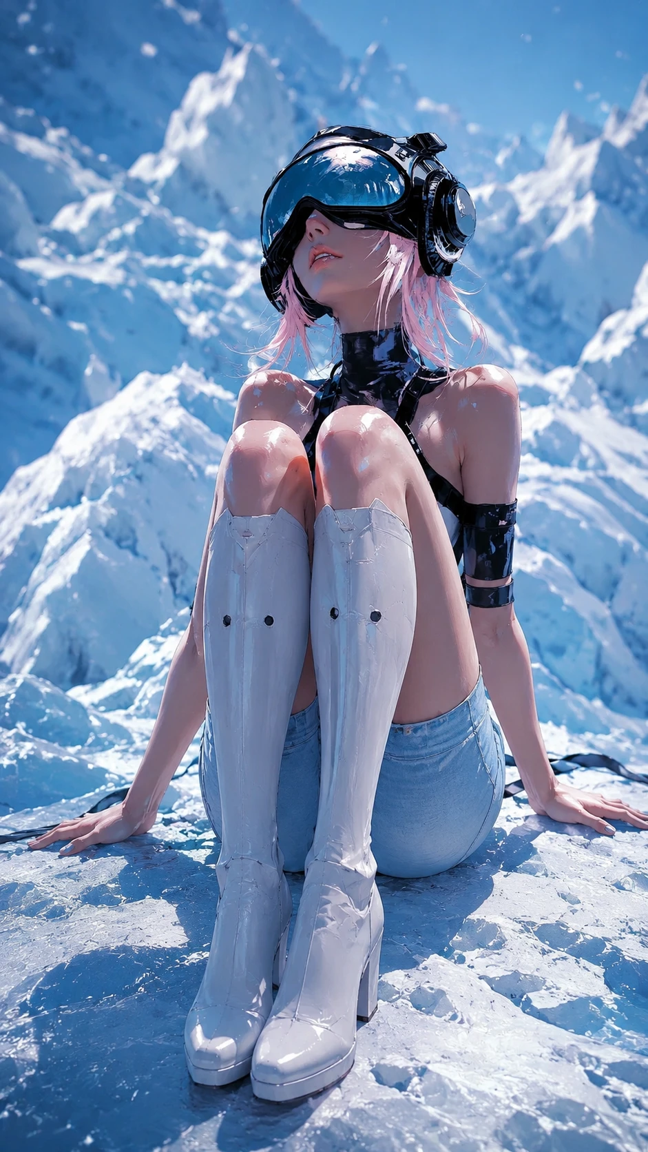 Mujer posando en un glaciar helado con shorts azules