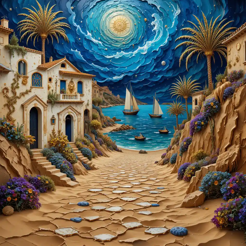 Surreal Mediterranean alley of waxen sand leading to the sea