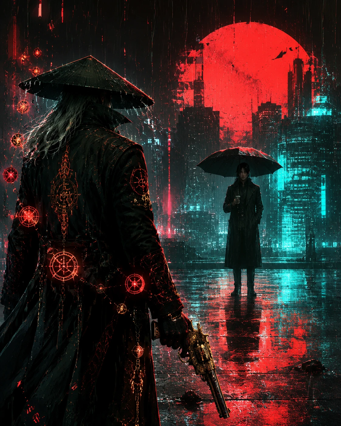 Neon drenched hunter facing a calm target in rain