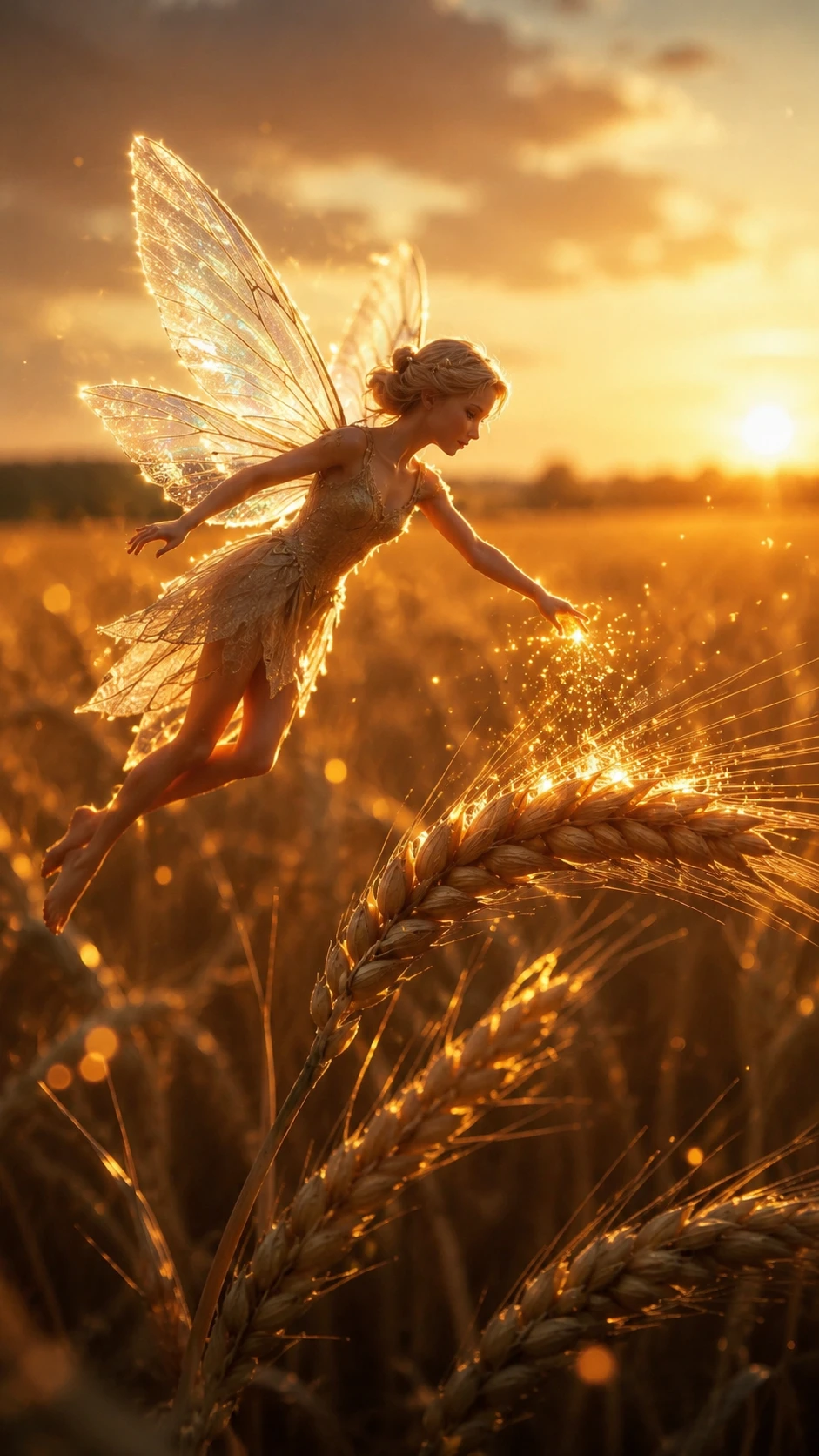 Pequeña hada flotando sobre el trigo en un campo dorado al atardecer