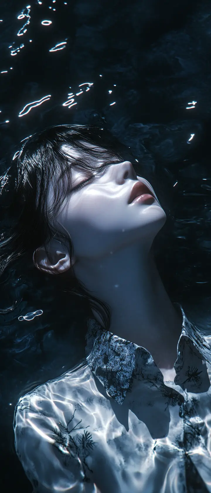 Ethereal anime woman glowing above dark water below
