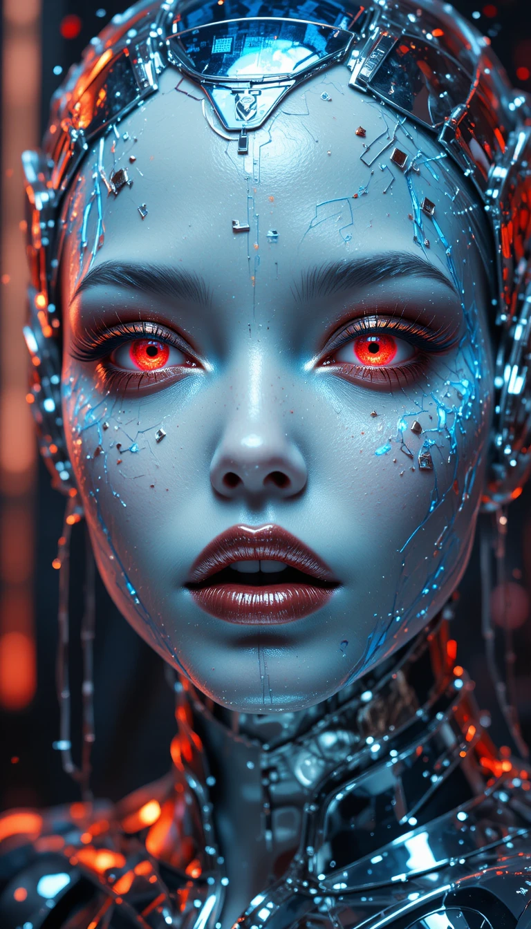 Futuristic cyberpunk woman with glowing glitches and chrome armor