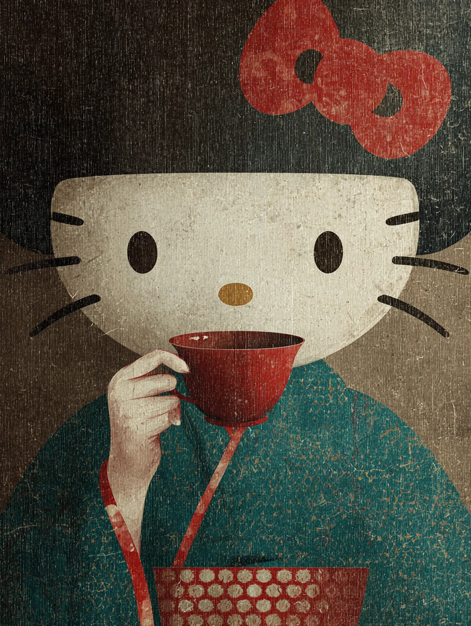 Surreal geisha inspired hello kitty sipping coffee portrait