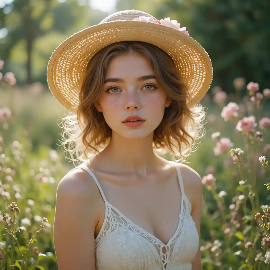 Young freckled girl in straw hat under dappled spring light
