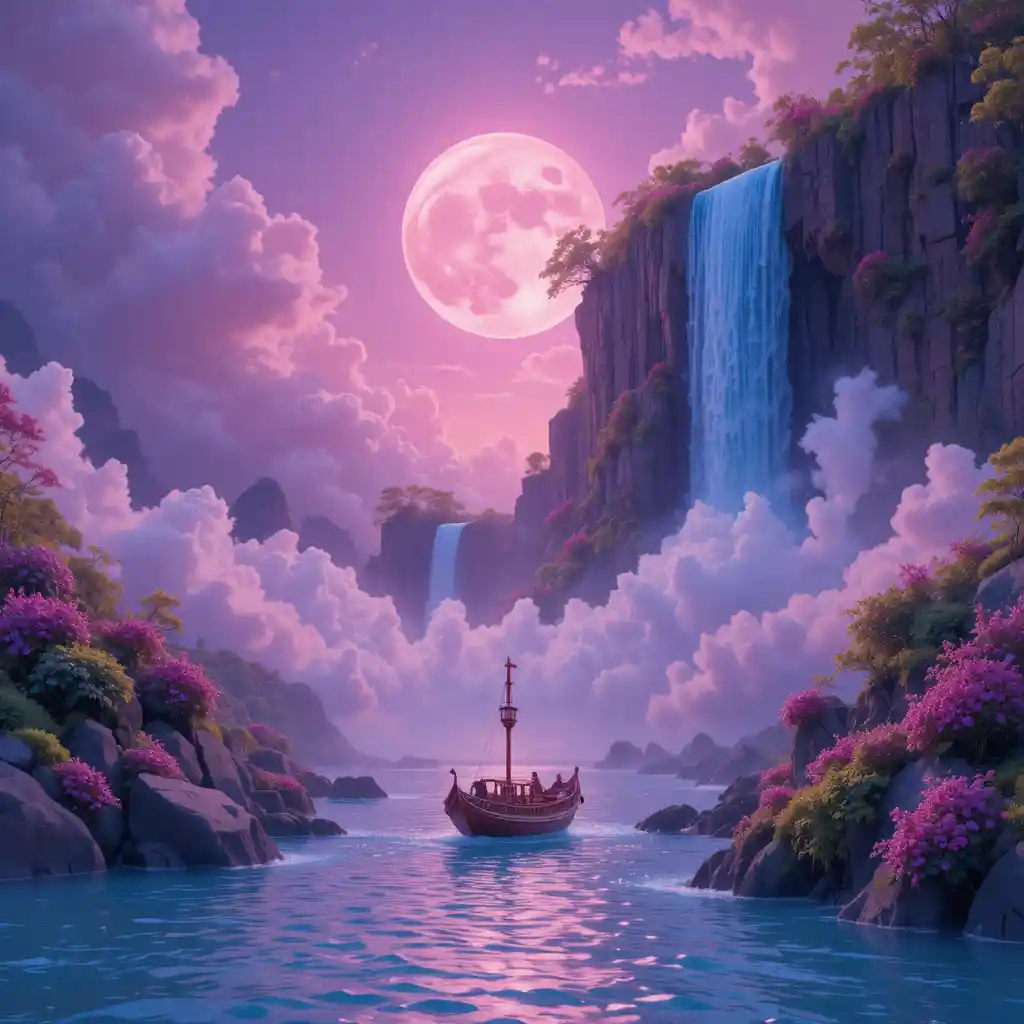 Fantasy boat sailing across surreal pink ocean sky