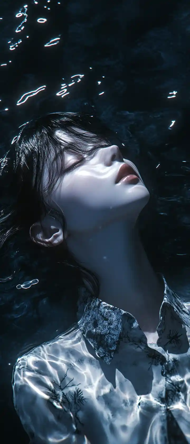 Ethereal anime woman glowing above dark water below