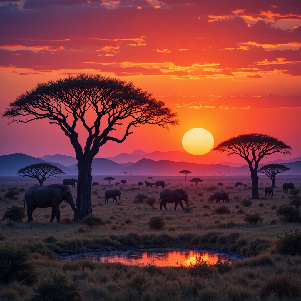 African savannah sunset with wildlife around a calm waterhole