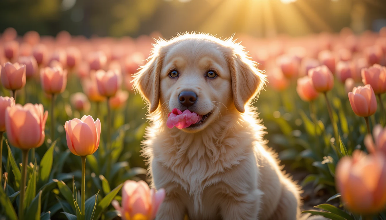 Golden retriever puppy in tulip field with pink flower
