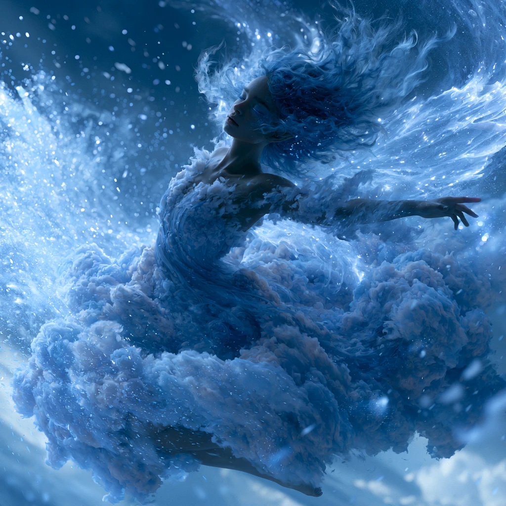 Fantasy fairy woman soaring through glowing azure sky
