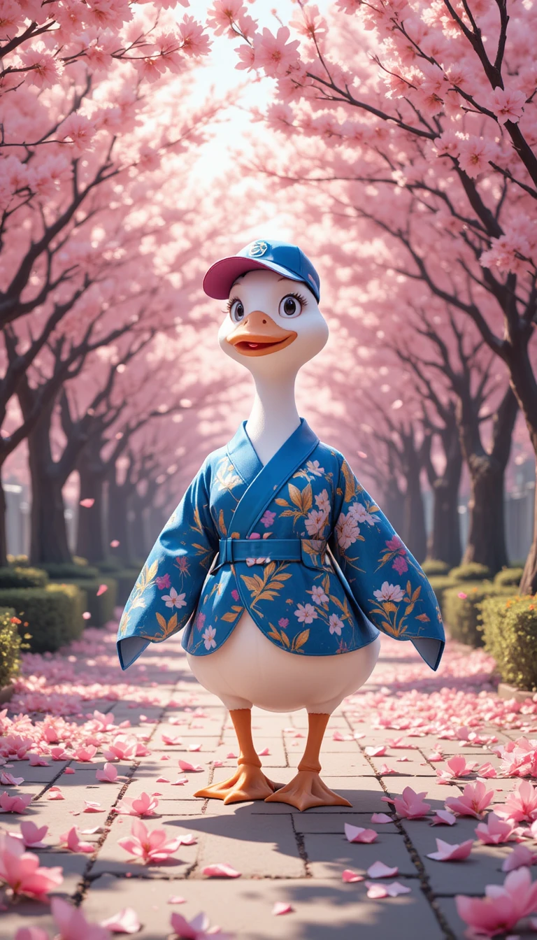 Confident duck in kimono under falling cherry blossoms