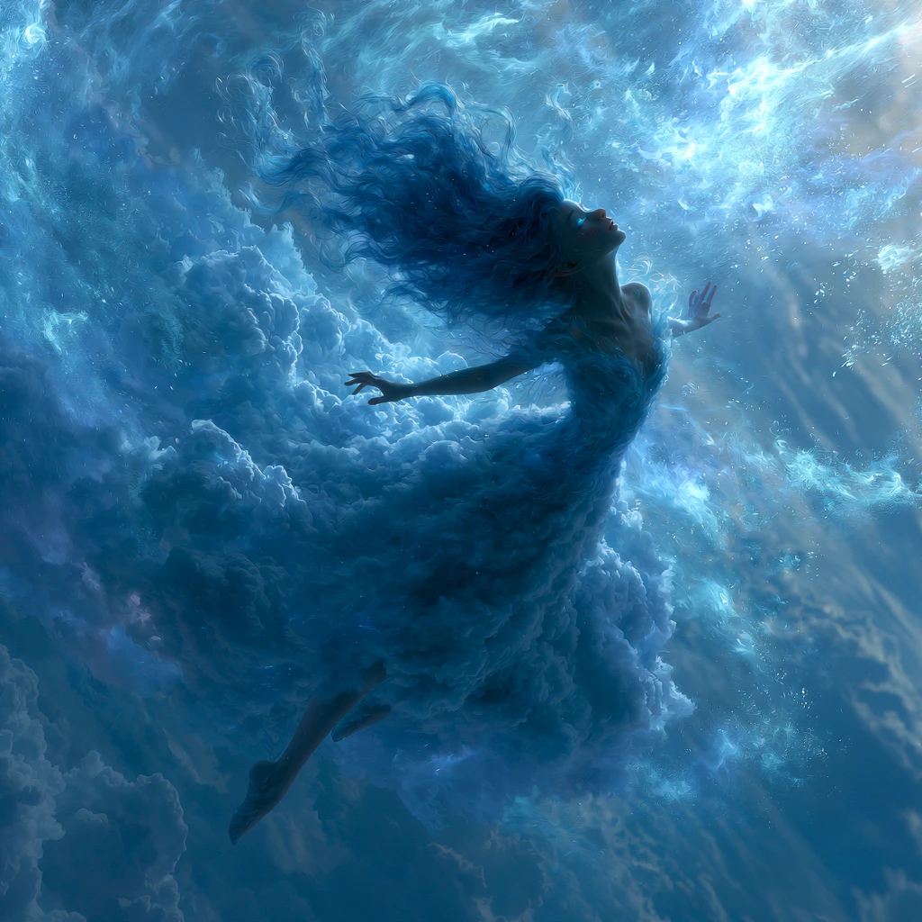 Azure haired fairy soaring through glowing dreamlike sky