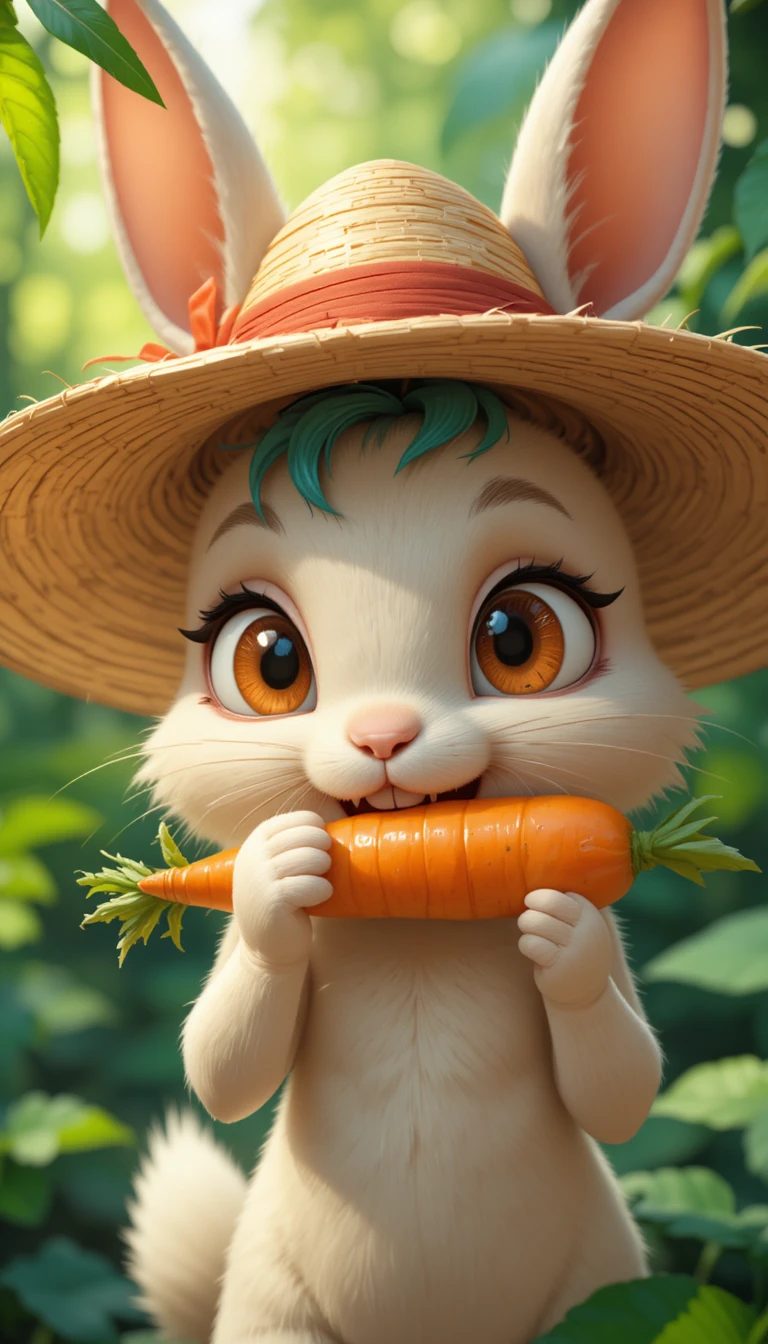 Anthropomorphic rabbit biting a carrot in tropical leaves