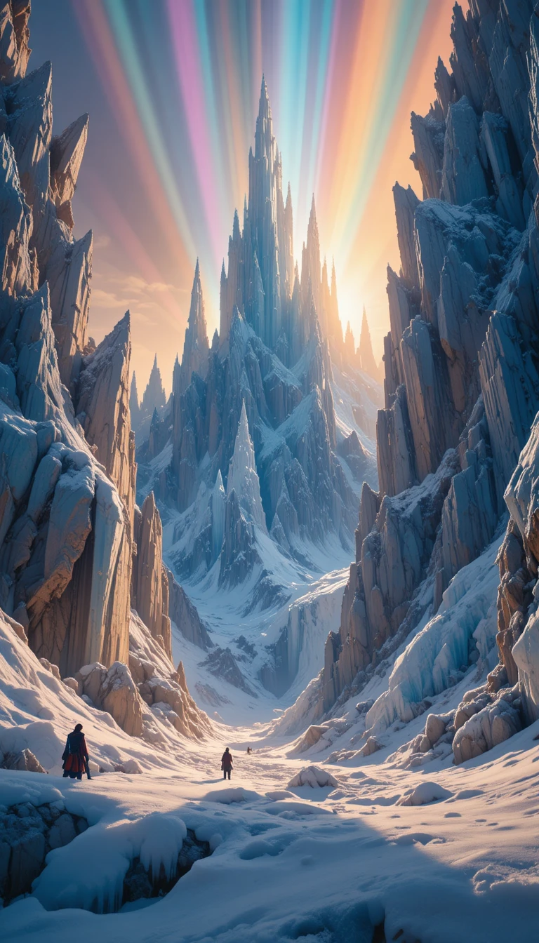 Majestic crystalline ice fortress in a glowing sunset canyon