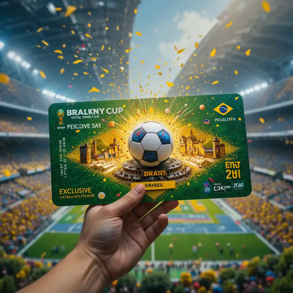 Brazil world cup pass with city stadium diorama exploding forward