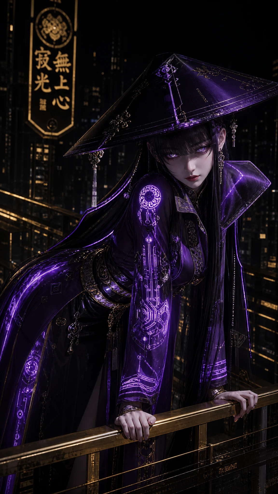 Lonely cyberpunk woman in shadowed hat under neon glow