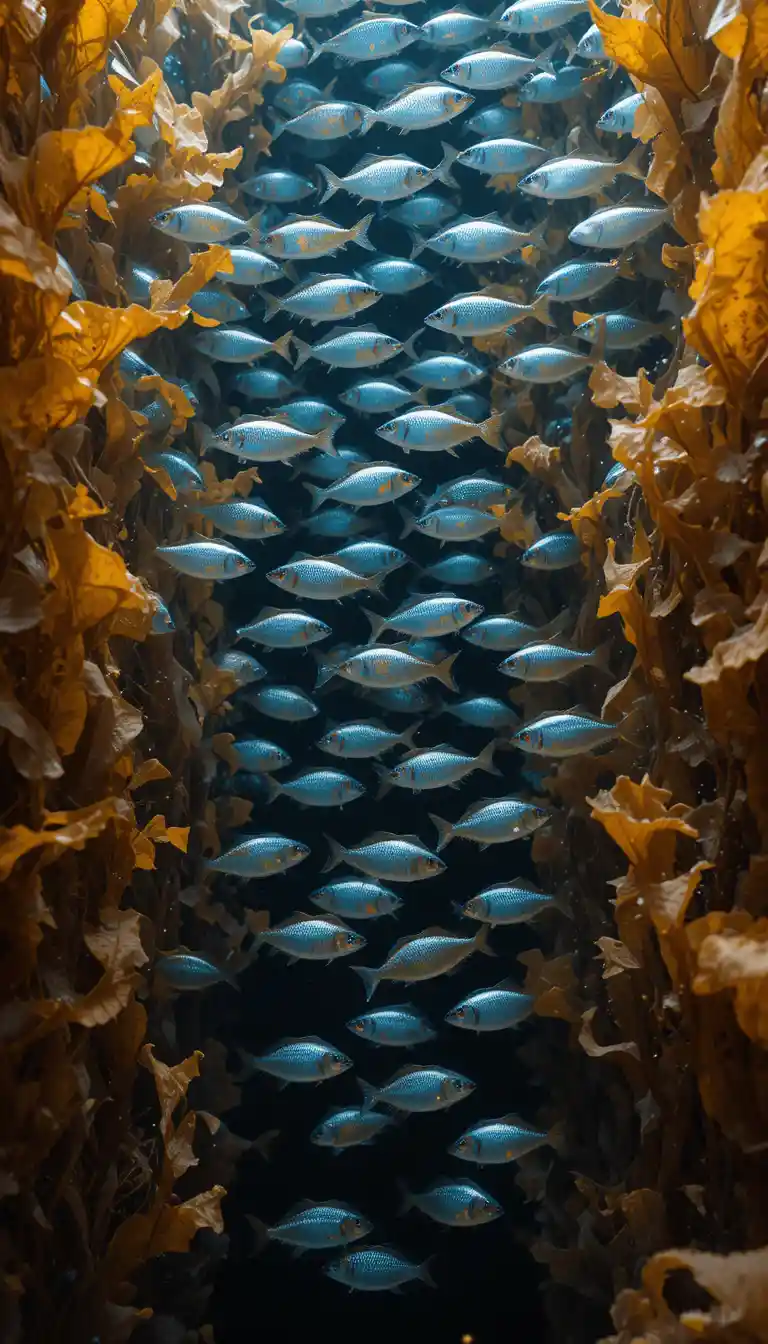 Silver fish school rising beside golden kelp in darkness