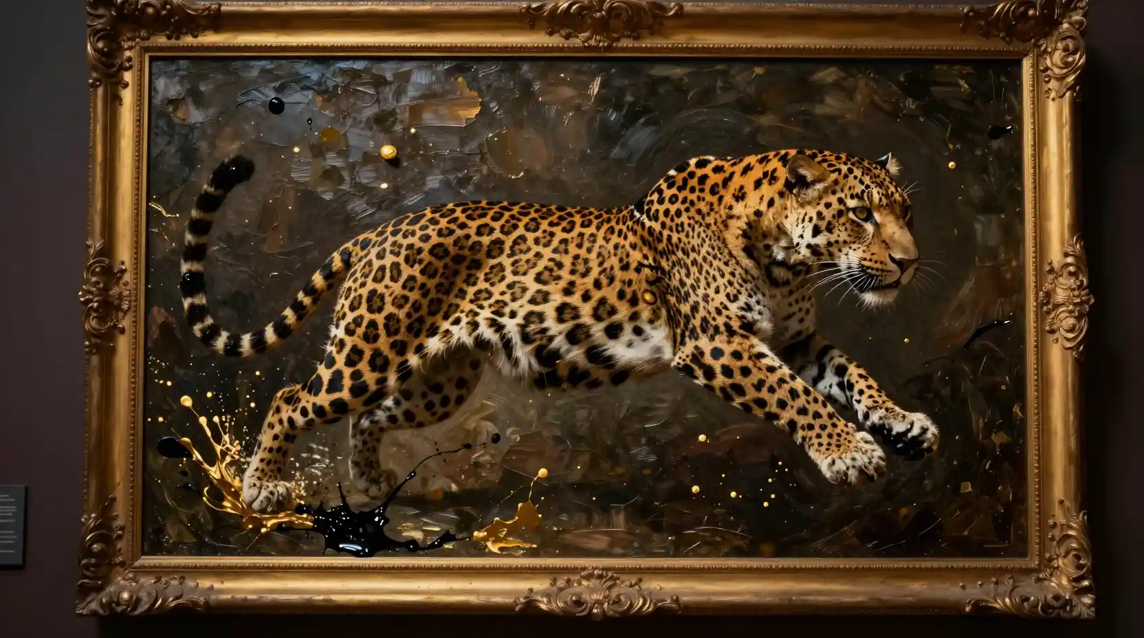 Surreal leopard leaping from a golden framed museum painting